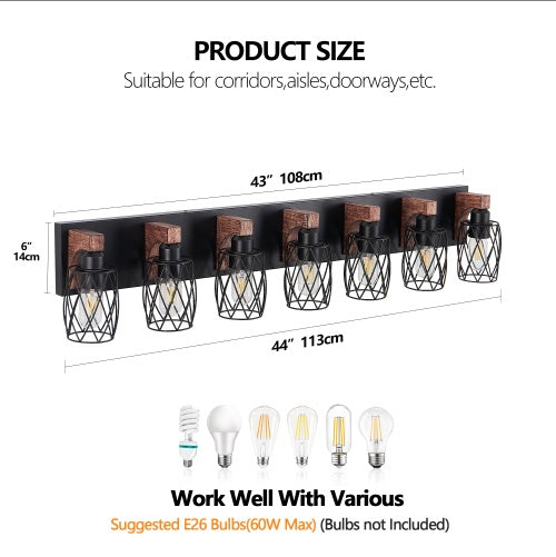 Industrial Vintage 7-Light Wall Sconce - Black Cage Wall Lighting Fixture With Wooden Accents For Bathroom, Hallway, Or Living Room Bulb Not Included