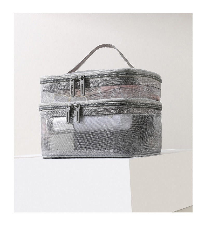 2pcs Double Layer Mesh Yarn Toiletry Bag Portable Travel Cosmetic Storage Bag In Black And Grey For Business Trips Large Capacity Travel Cosmetic Storage Bag