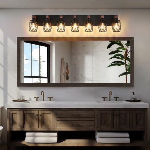 Industrial Vintage 7-Light Wall Sconce - Black Cage Wall Lighting Fixture With Wooden Accents For Bathroom, Hallway, Or Living Room Bulb Not Included