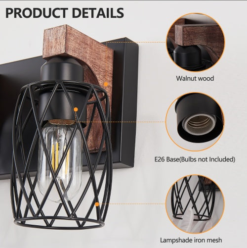 Industrial Vintage 7-Light Wall Sconce - Black Cage Wall Lighting Fixture With Wooden Accents For Bathroom, Hallway, Or Living Room Bulb Not Included