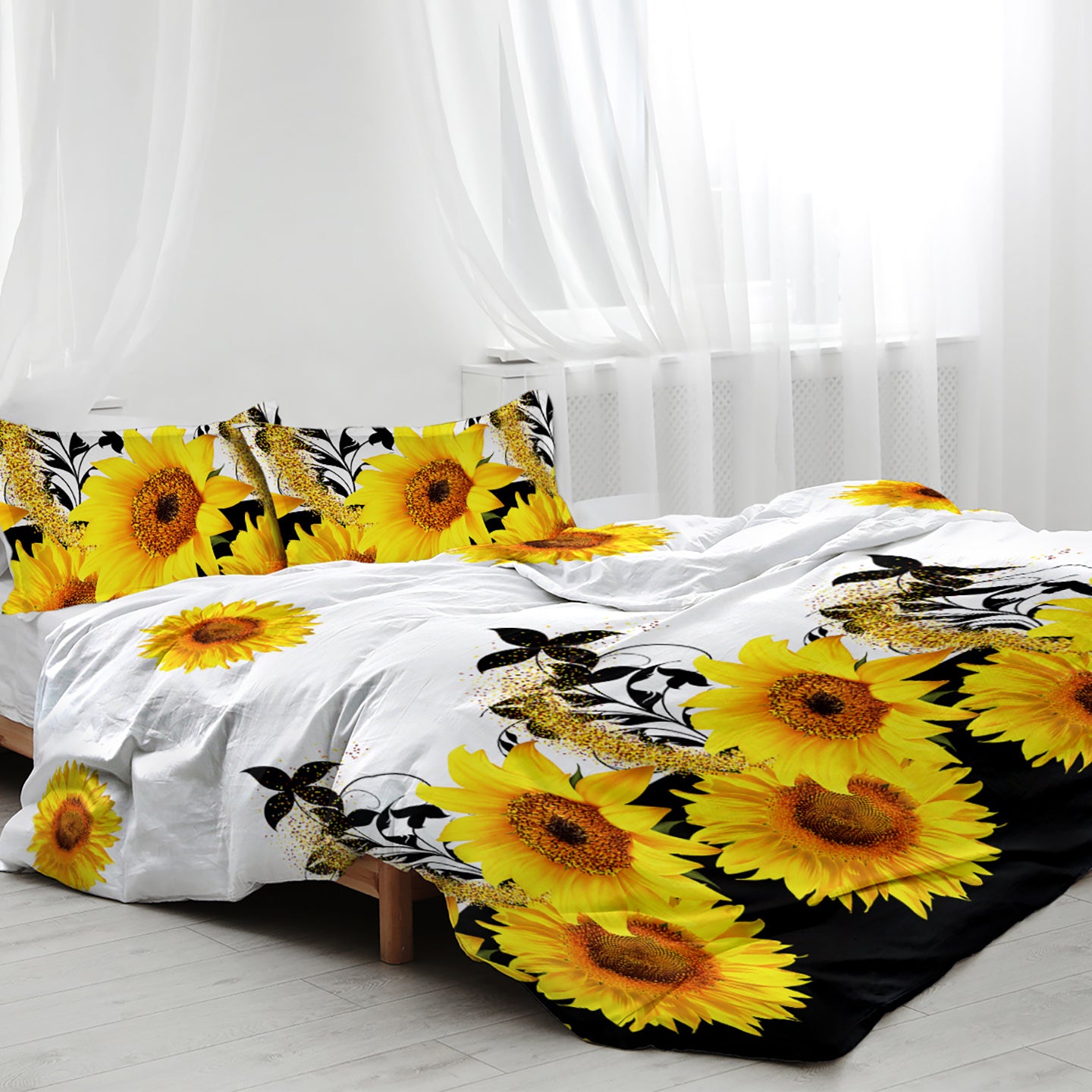 3 Pieces Black And White Background Sunflower Duvet Cover Set Yellow Flower Polyester Bedding Set For Adults Bedroom Decor Twin Full Queen King Size