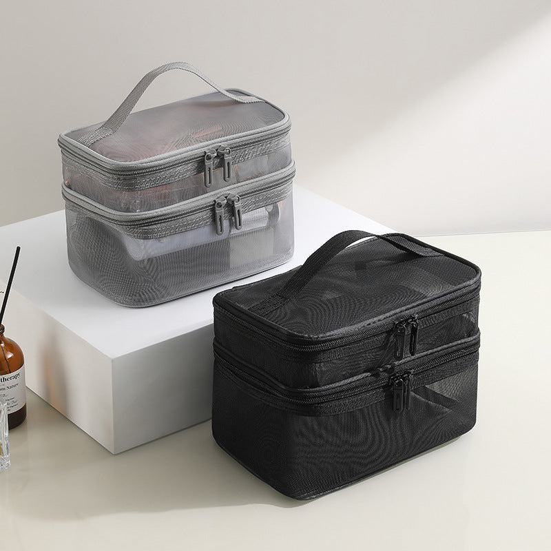 2pcs Double Layer Mesh Yarn Toiletry Bag Portable Travel Cosmetic Storage Bag In Black And Grey For Business Trips Large Capacity Travel Cosmetic Storage Bag