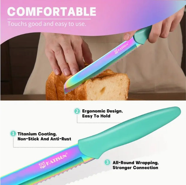 14-Piece Rainbow Colored High Carbon Stainless Steel Kitchen Knife Set, Titanium Coated Blade, Rust-Free & Super Sharp, Flatware Set With Wooden Stand & Kitchen Scissors, For Family & Restaurateurs
