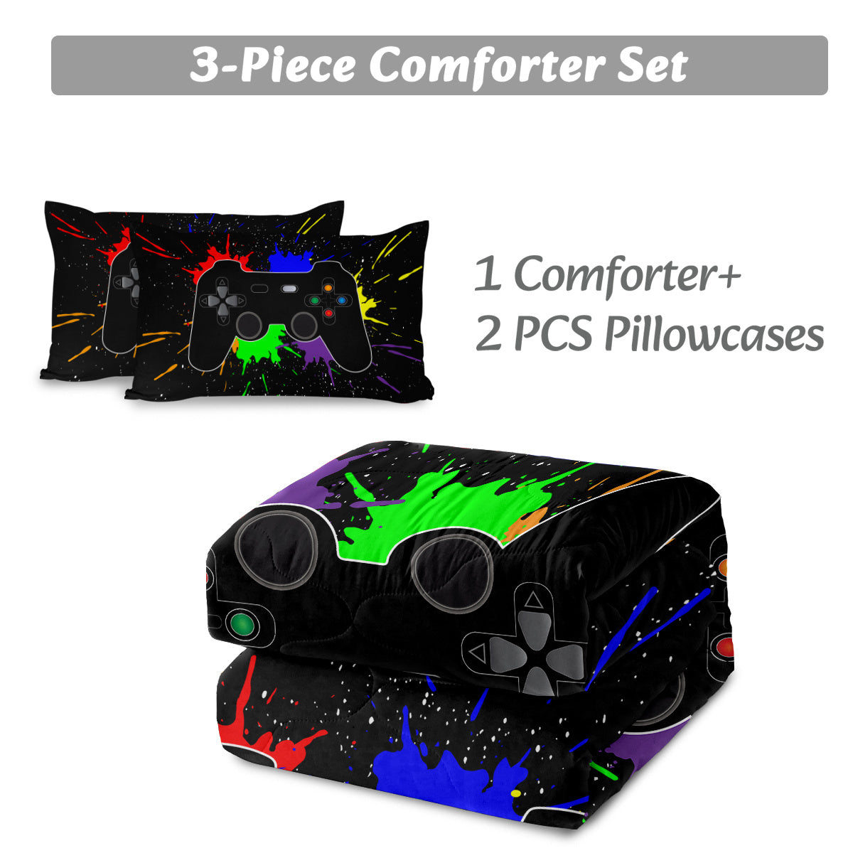 Black Video Game Comforter For Girls Boys Red Blue Green Purple Yellow Ink Game Controller Bedding Boy Bedroom Living Bed Decor With 1 Comforter 2 Pillow Shams