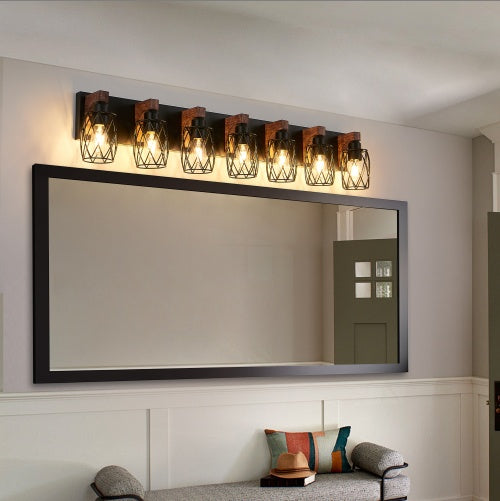 Industrial Vintage 7-Light Wall Sconce - Black Cage Wall Lighting Fixture With Wooden Accents For Bathroom, Hallway, Or Living Room Bulb Not Included