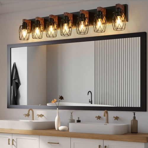 Industrial Vintage 7-Light Wall Sconce - Black Cage Wall Lighting Fixture With Wooden Accents For Bathroom, Hallway, Or Living Room Bulb Not Included