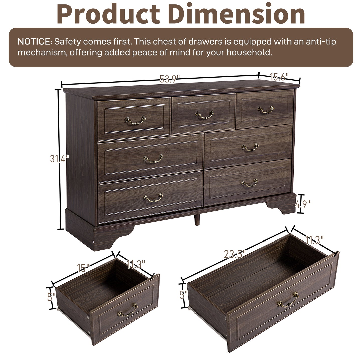 Brown P2 MDF 137x40x80CM 3-layer 7-drawer Chest Of Drawers 1pcs