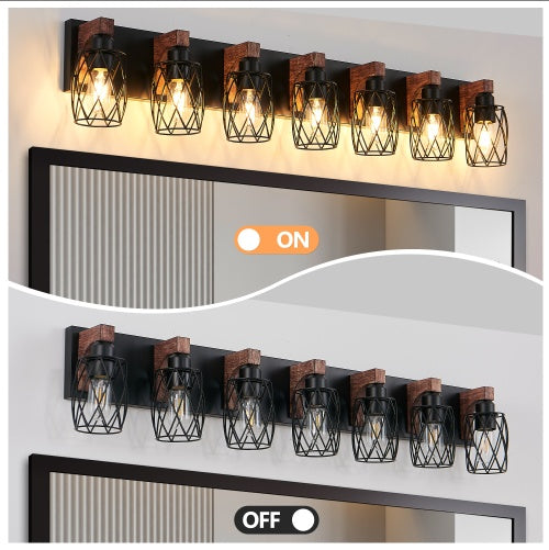 Industrial Vintage 7-Light Wall Sconce - Black Cage Wall Lighting Fixture With Wooden Accents For Bathroom, Hallway, Or Living Room Bulb Not Included