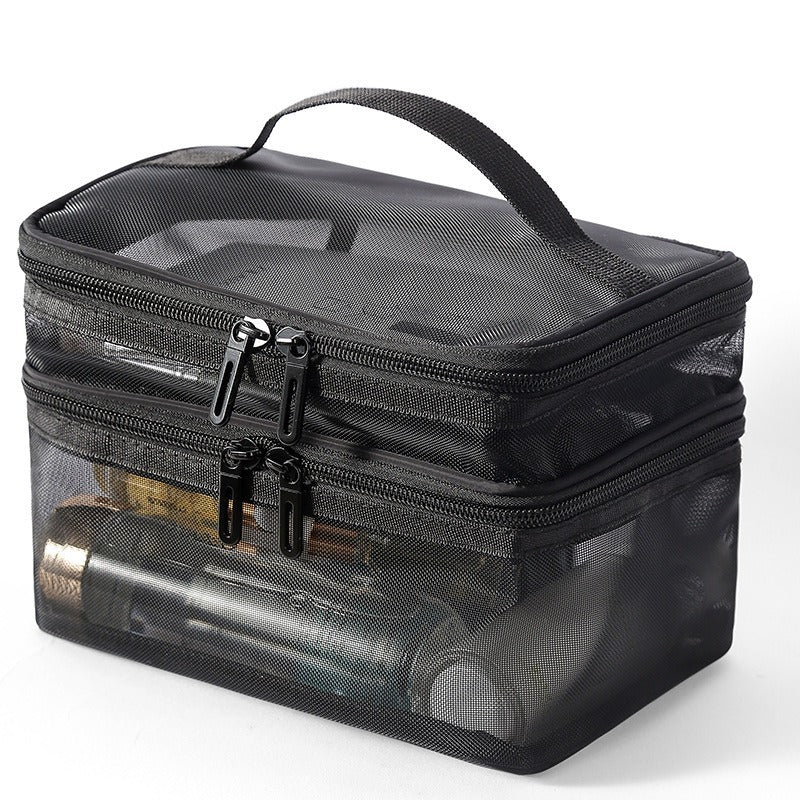 2pcs Double Layer Mesh Yarn Toiletry Bag Portable Travel Cosmetic Storage Bag In Black And Grey For Business Trips Large Capacity Travel Cosmetic Storage Bag