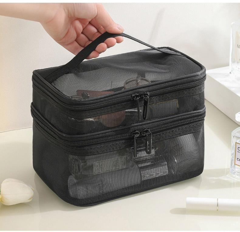 2pcs Double Layer Mesh Yarn Toiletry Bag Portable Travel Cosmetic Storage Bag In Black And Grey For Business Trips Large Capacity Travel Cosmetic Storage Bag