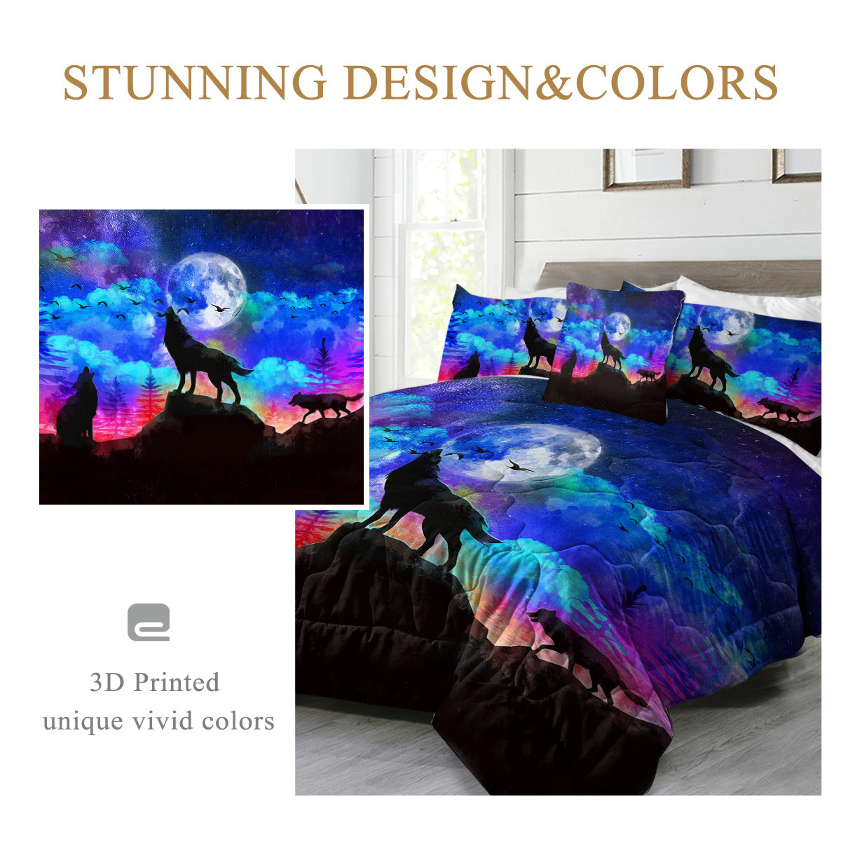 Galaxy Comforter Set Men 3D Wolf Bed Comforter Set 4 Piece Wolves Howling Bedding For Boys Retro Oil Painting Design Purple Blue And Black Bedding Set Queen King Size