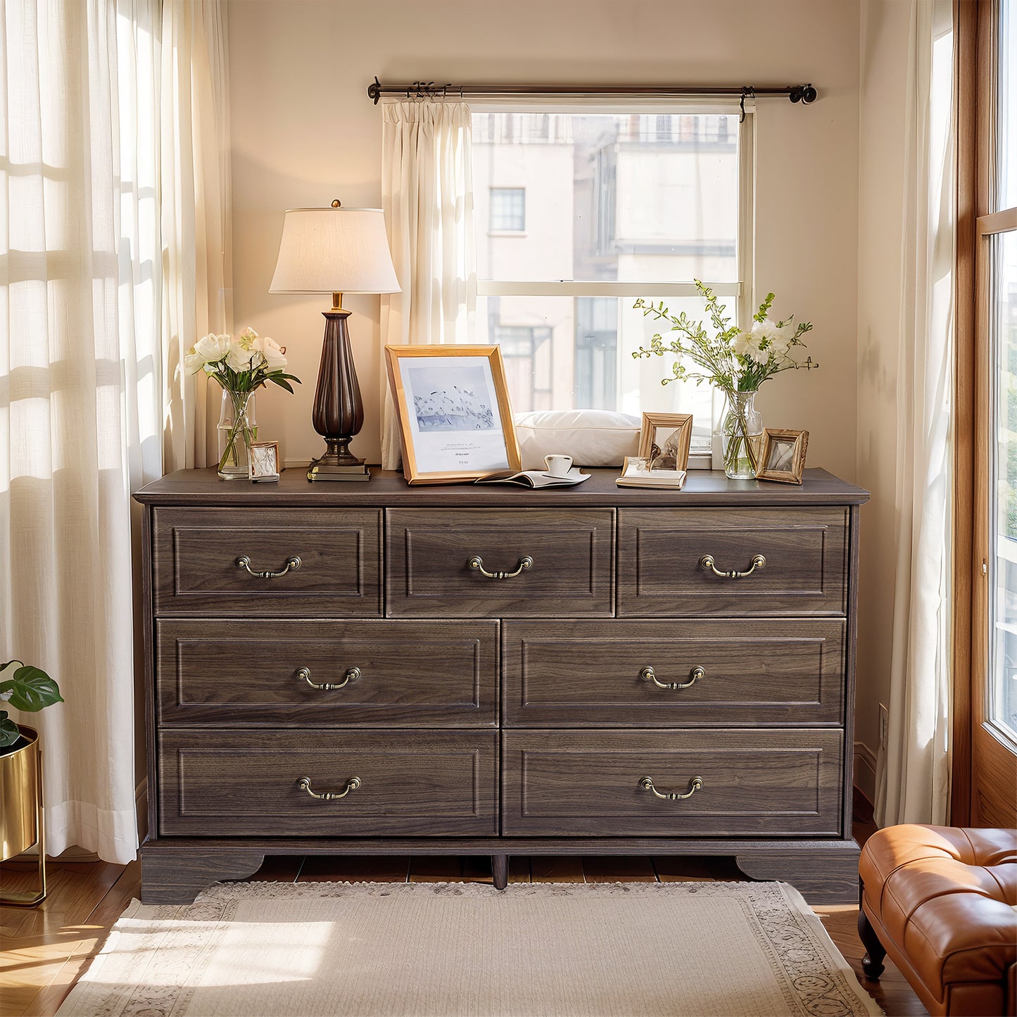 Brown P2 MDF 137x40x80CM 3-layer 7-drawer Chest Of Drawers 1pcs